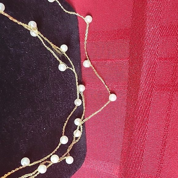 Beaded Sweater Necklace. Faux Pearl Beads. Delicate Gold Metallic Thread - Picture 5 of 8